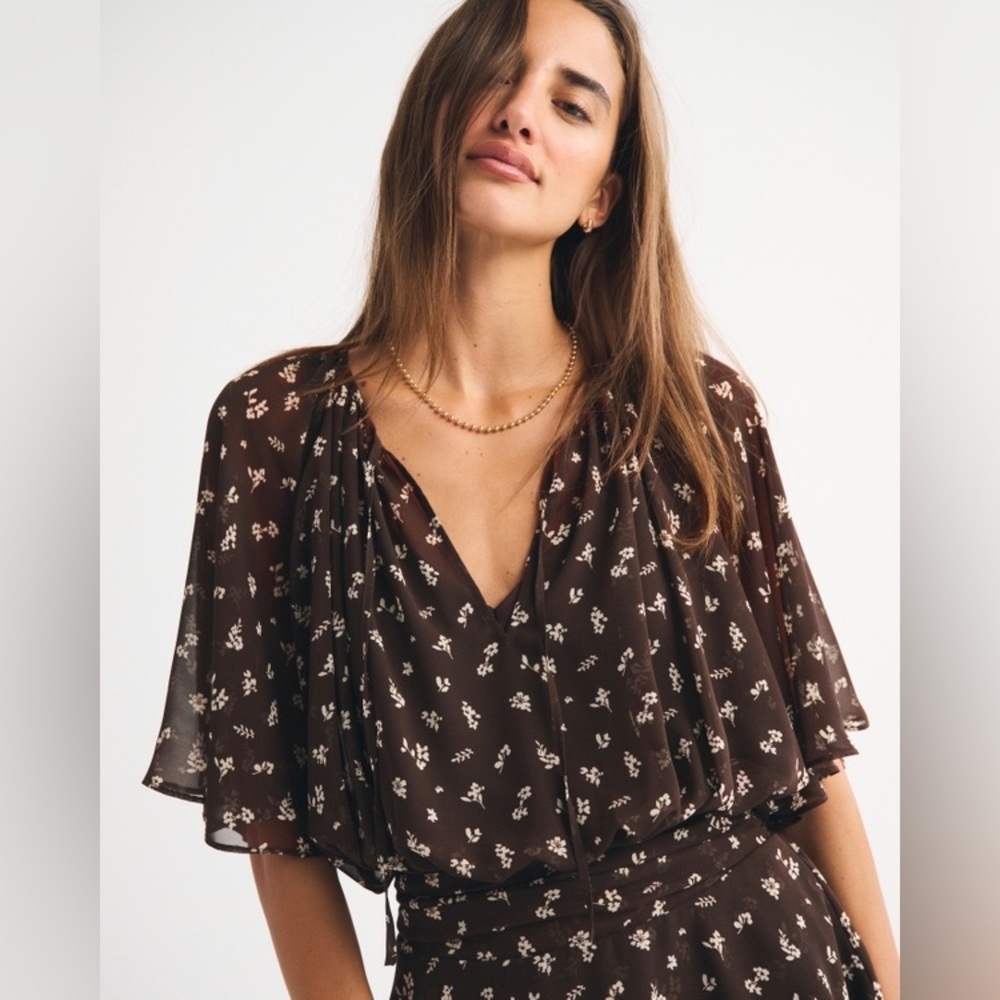 EUC Abercrombie Angel Sleeve Sheer Mini  Dress Brown Floral Cottagecore TALL - Picture 3 of 15